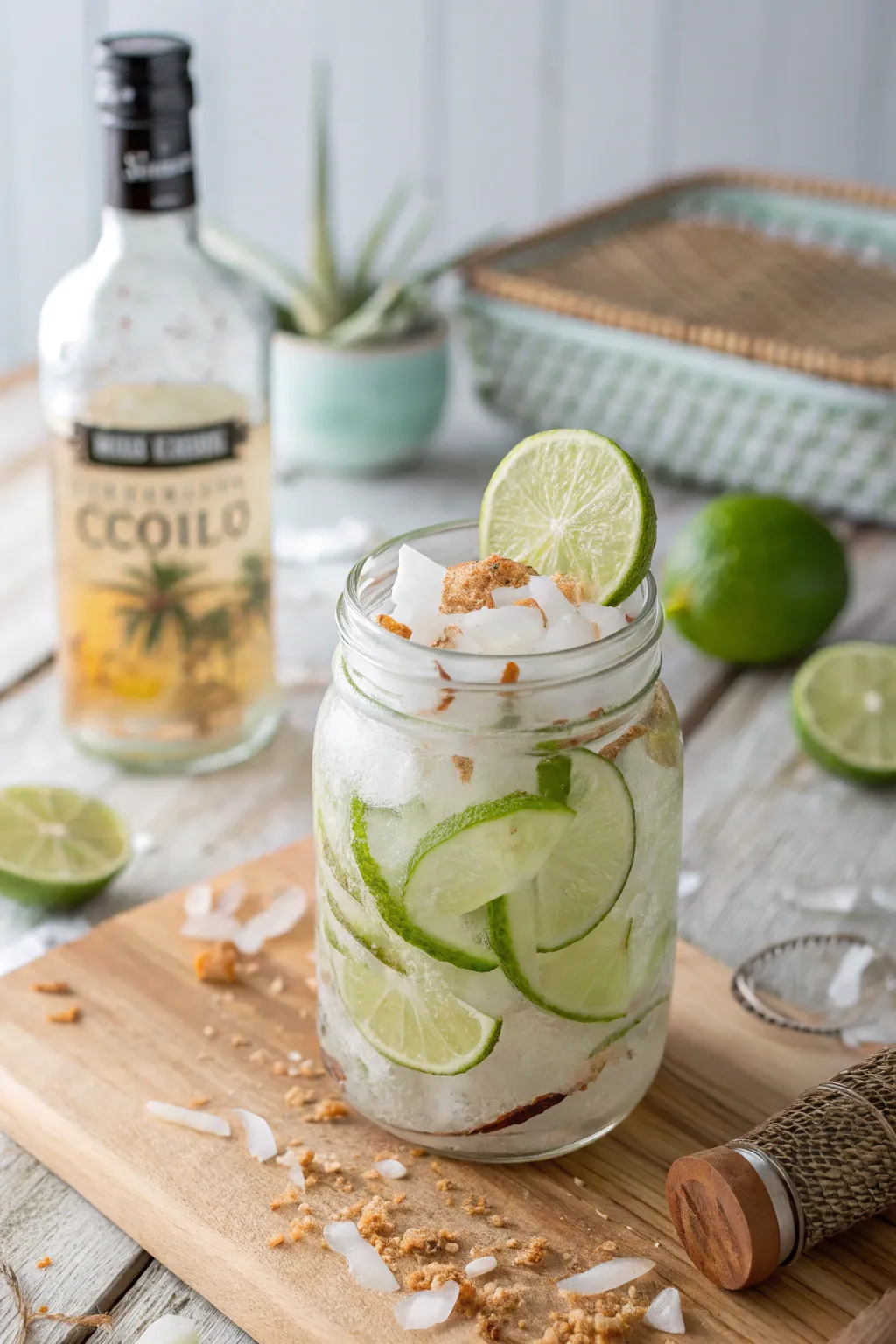 Sip into paradise with this Coconut Lime Rum Punch in a jar - the perfect blend of tropical charm and minimalist elegance.