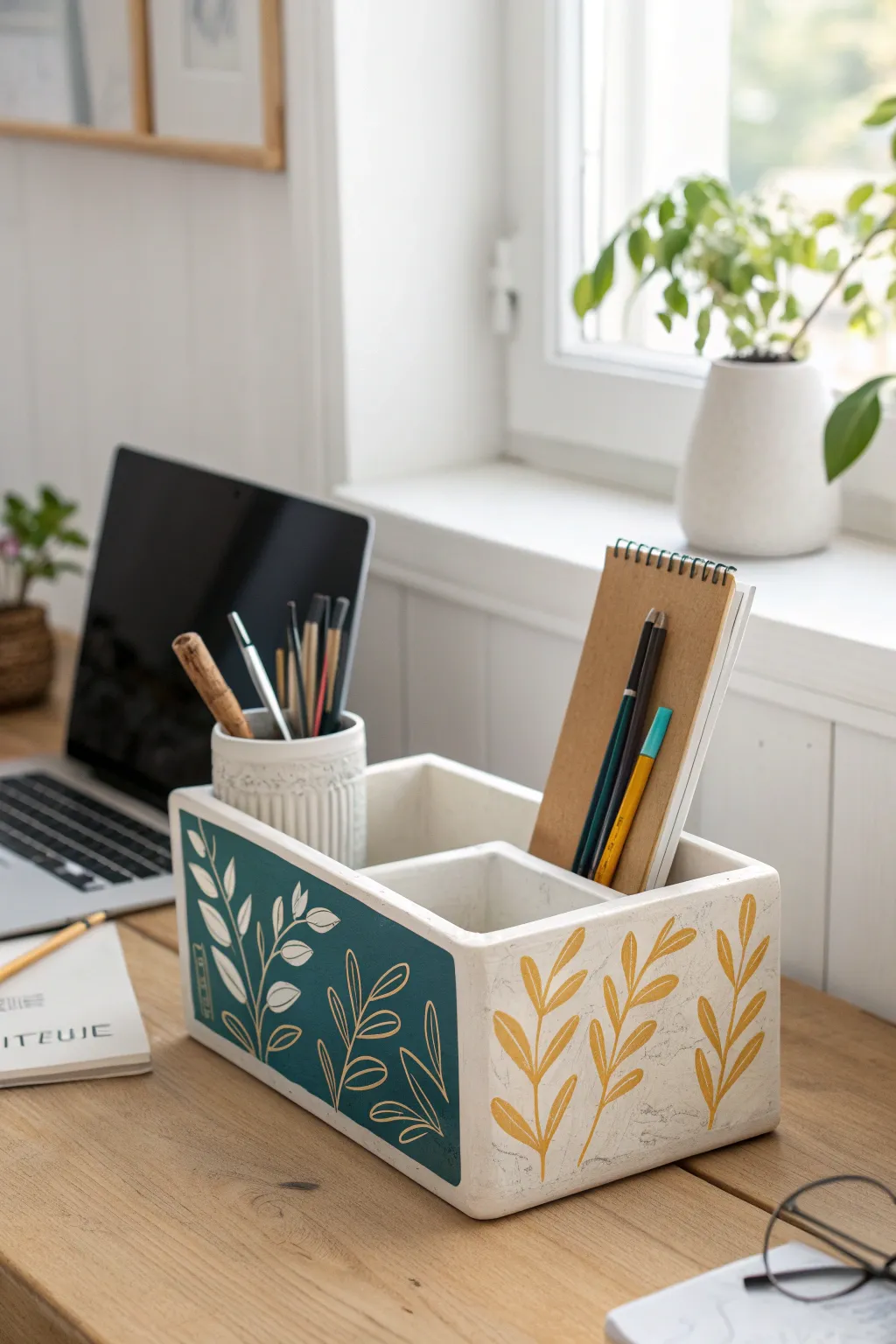 Transform your workspace with this artisan-crafted desk organizer, blending minimalist elegance with a touch of bold color.