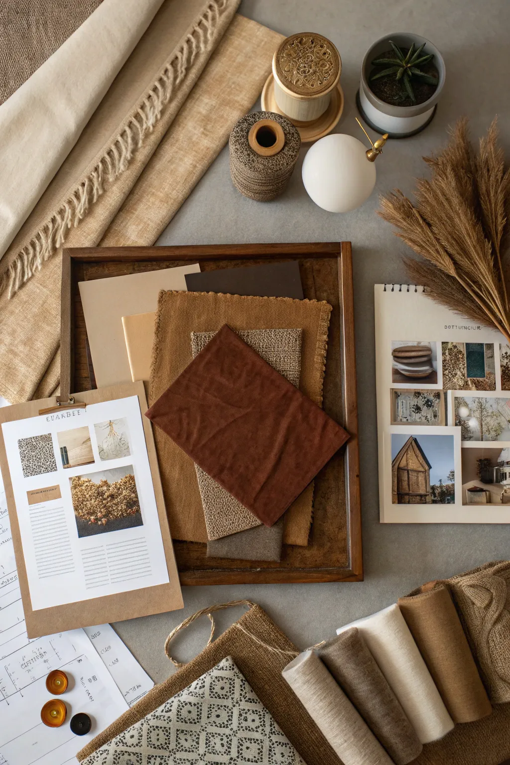 Textural tapestry mood board with a mix of surfaces.