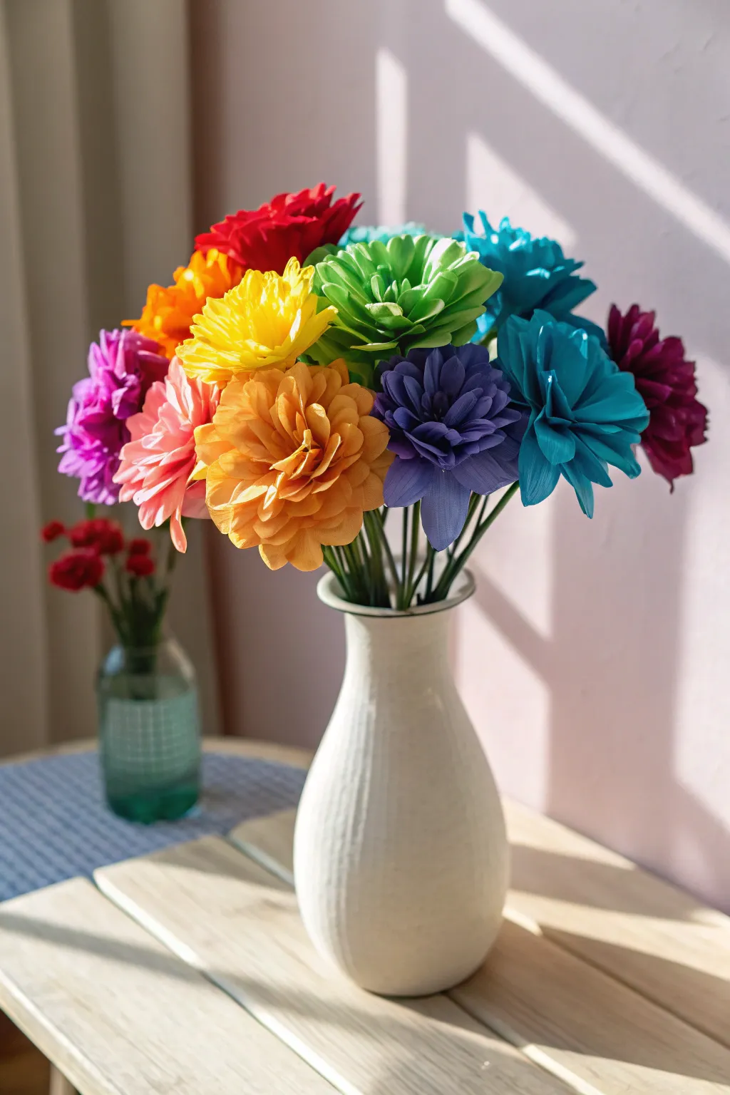 Brighten your day with a handcrafted rainbow tissue paper bouquet, blending simplicity and vibrant beauty.
