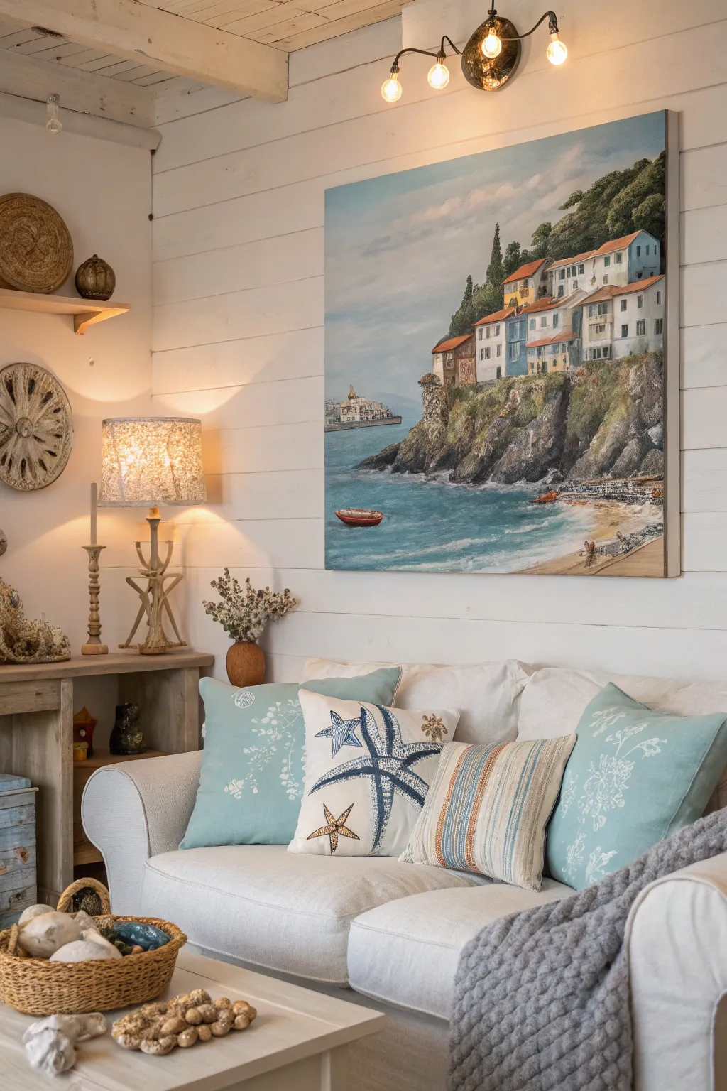 Create a cozy atmosphere with coastal town paintings.