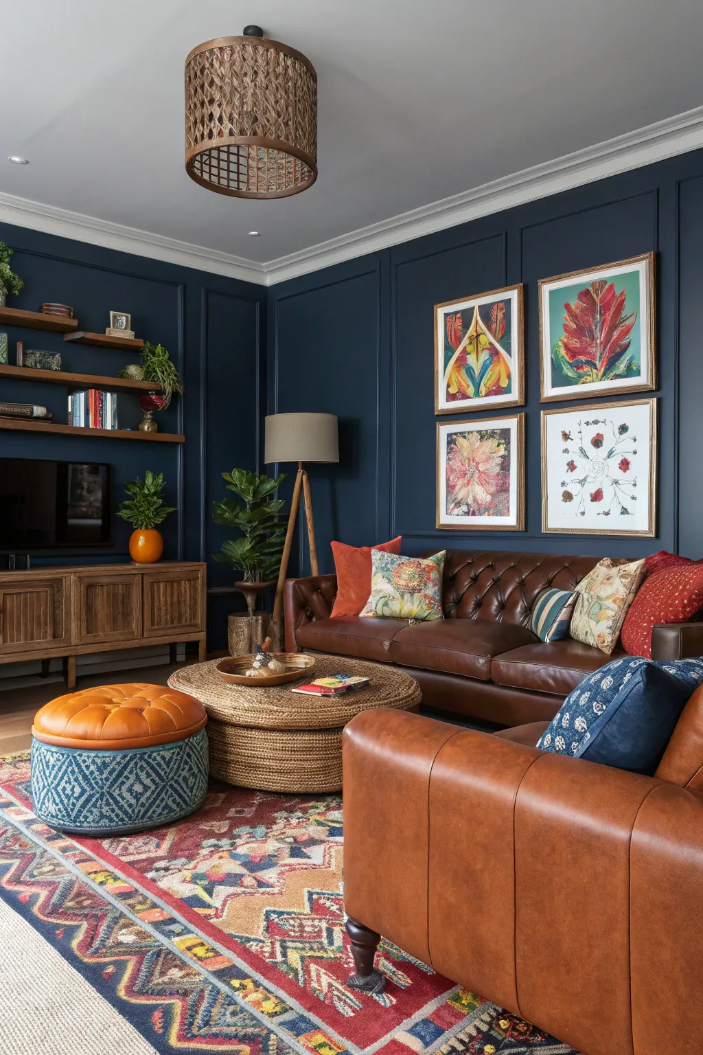 Bold artistic elements in navy and brown create a visually striking living room.