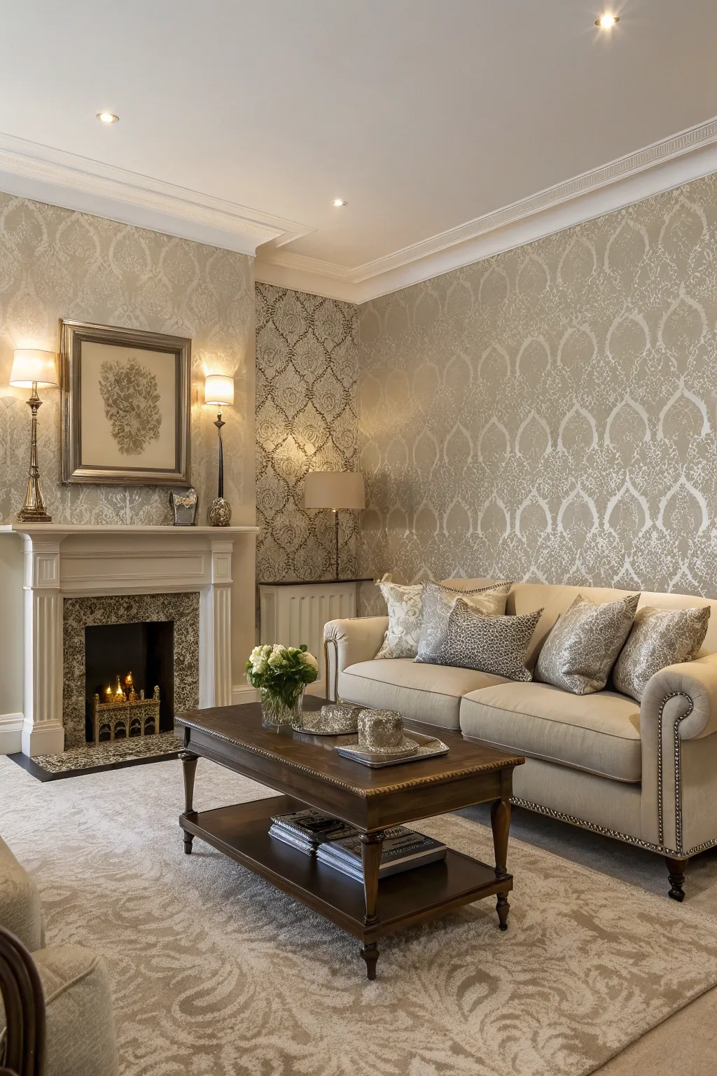 Textured wallpaper adds subtle pattern and depth to an elegant living room.