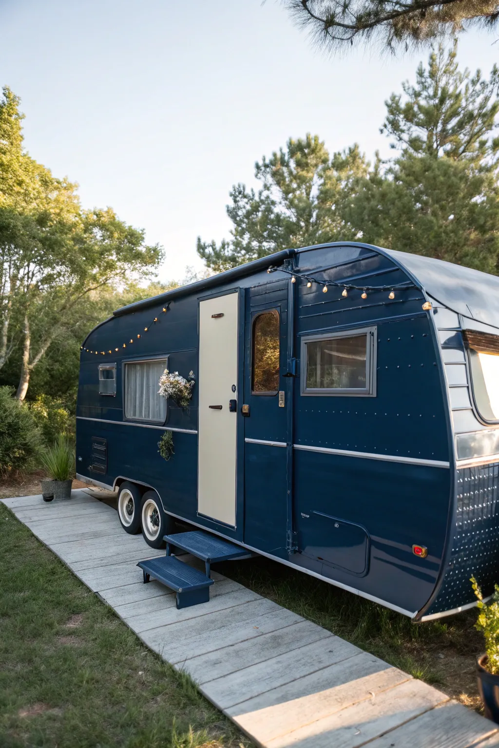 Transform your camper's look with a bold navy blue makeover, blending Scandinavian minimalism with boho flair.
