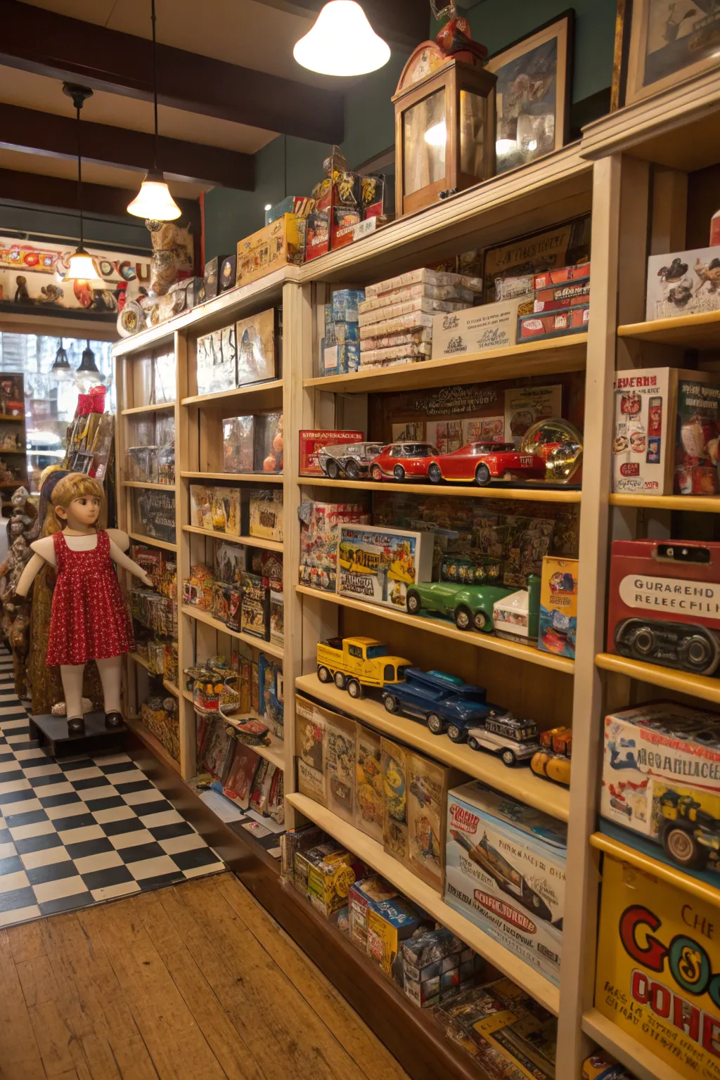 Retro toys and games on display in a vintage store.