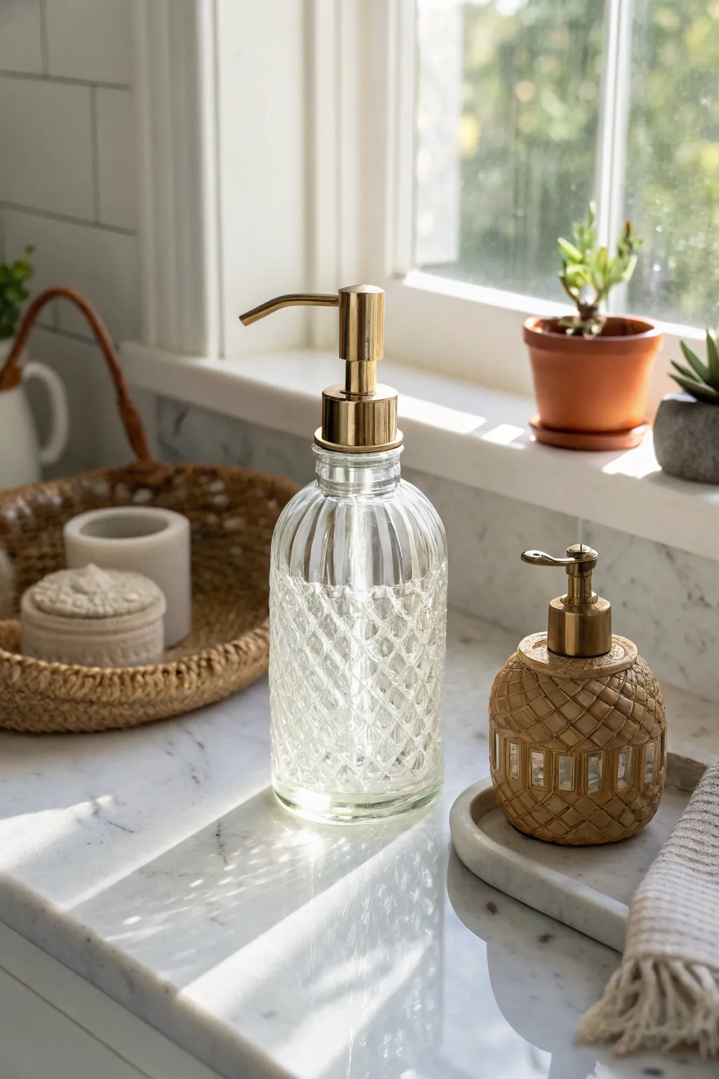 Transform charm into function with this elegant glass bottle soap dispenser.