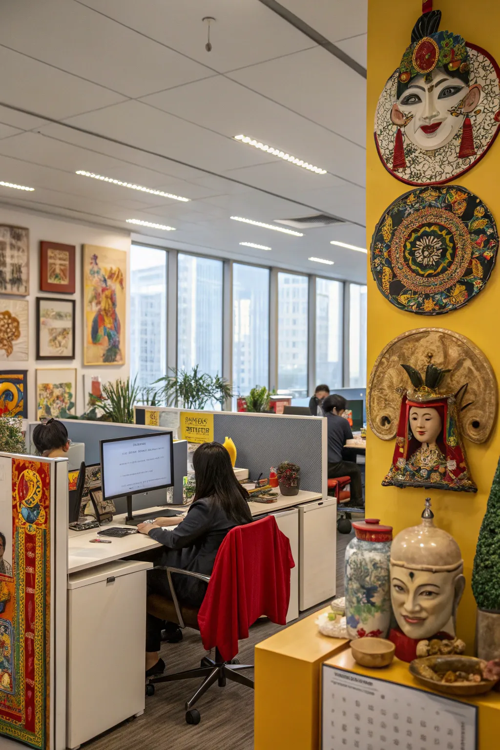 Cultural elements enriching the open office environment.