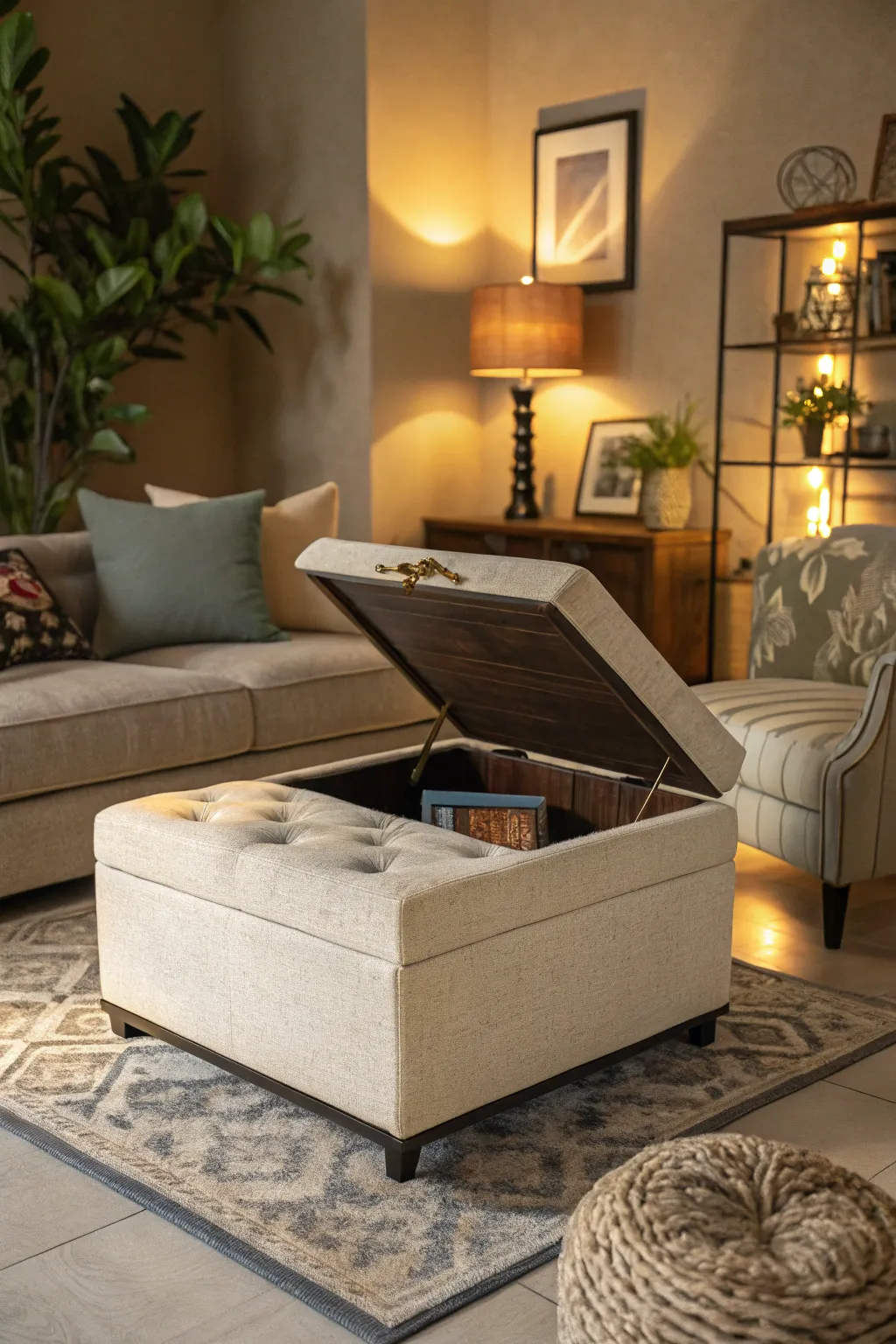 A chic living room enhanced by multi-functional furniture