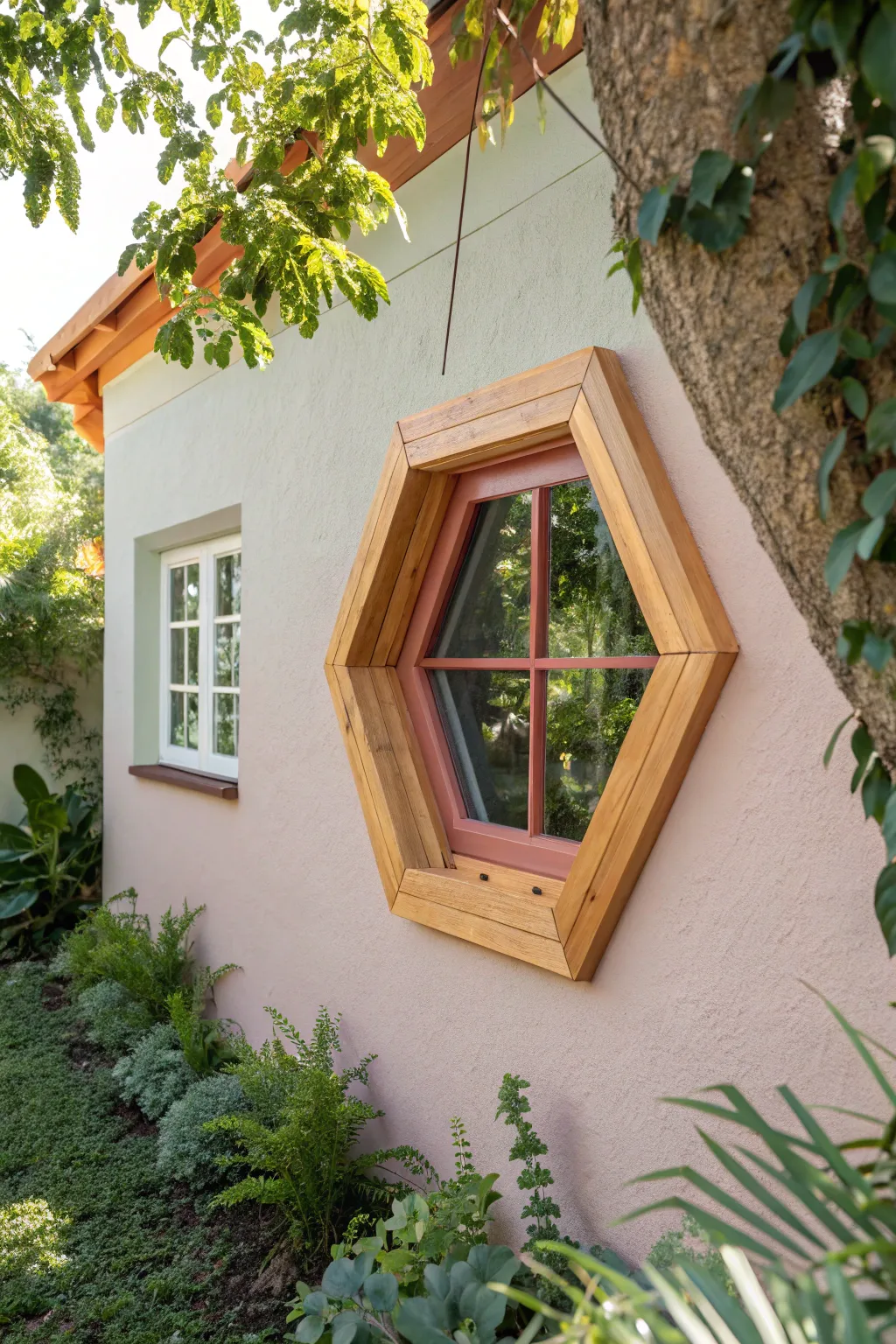Add a modern twist to your outdoor space with this eye-catching hexagonal faux window design, combining minimalist style with a touch of Boho flair.
