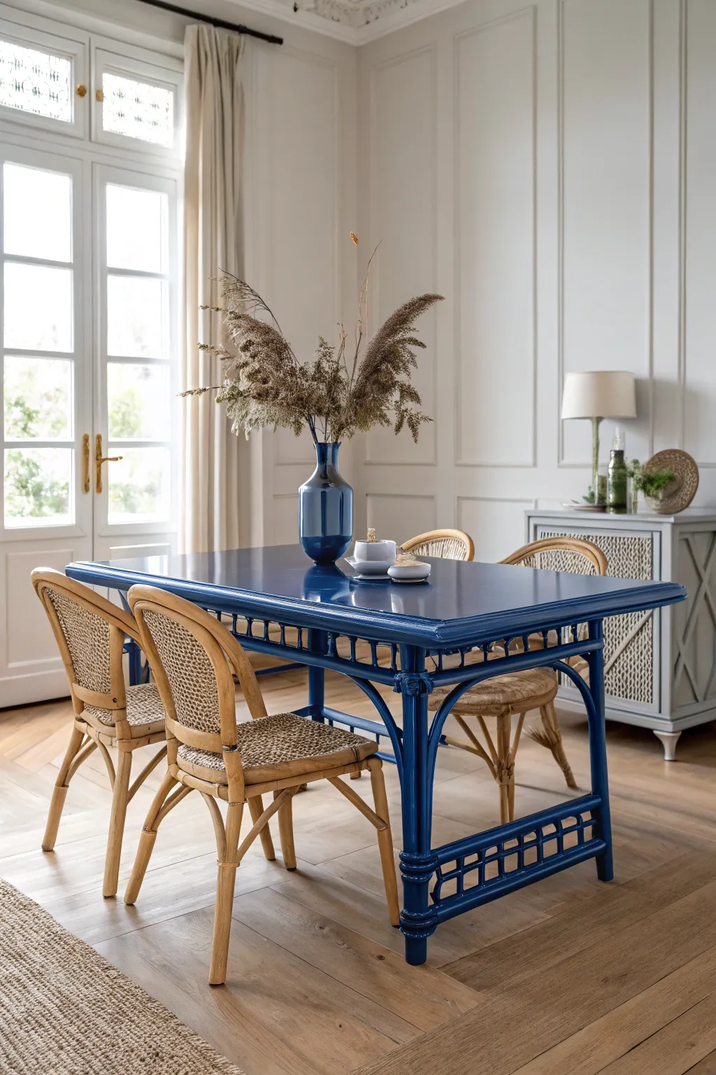 Add a splash of bold elegance to your space with a cobalt blue bamboo dining table - where minimalism meets vibrant style.