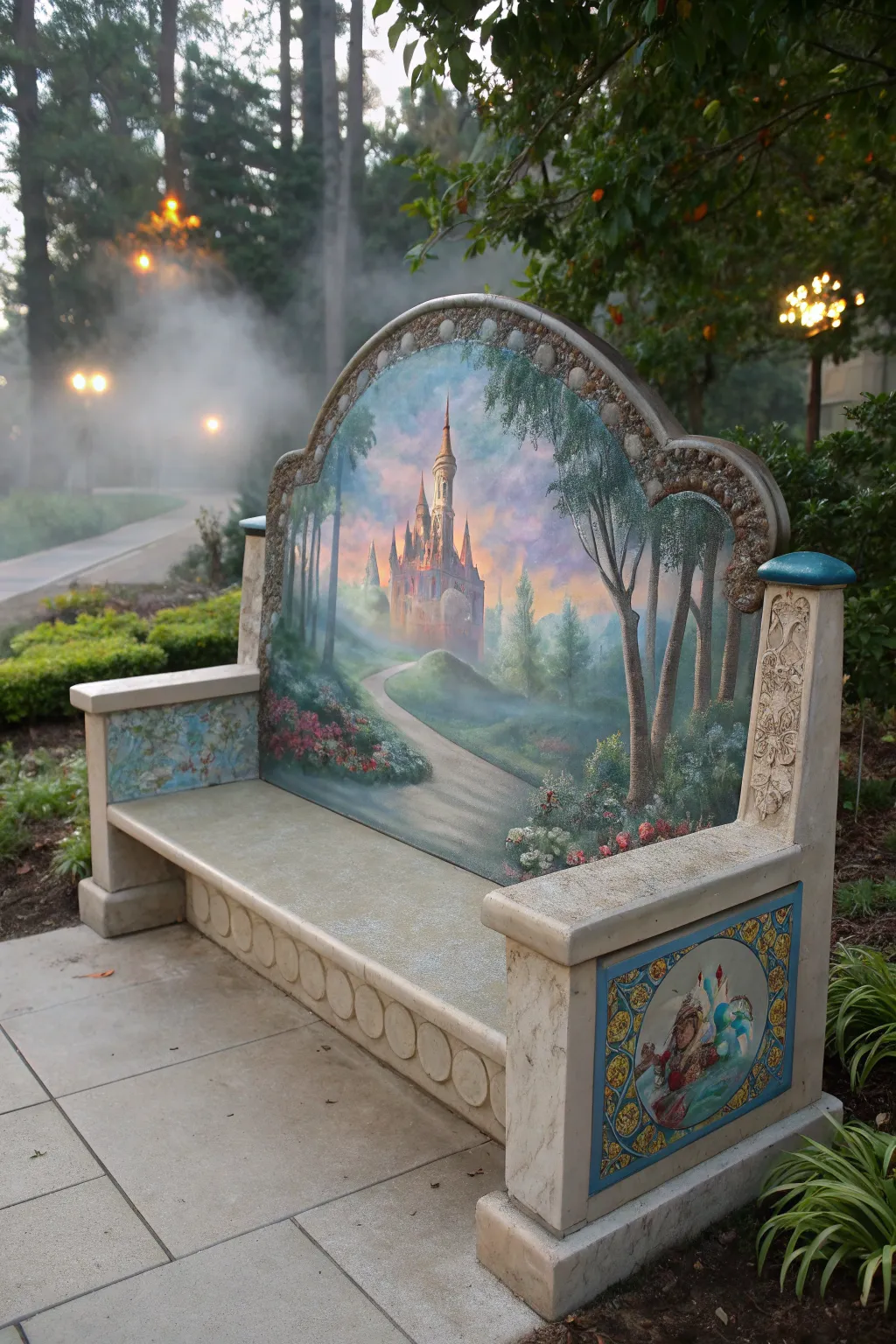 Transform your outdoor space into a fairy tale realm with a stunningly painted concrete bench.