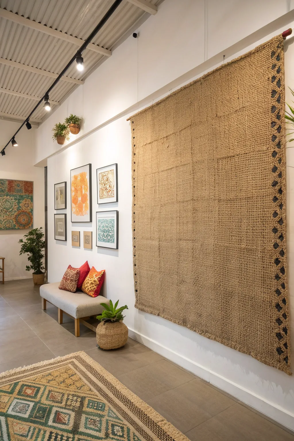 Add depth to your studio with rustic burlap textures. Simplicity meets creativity in this cozy, minimalist space.