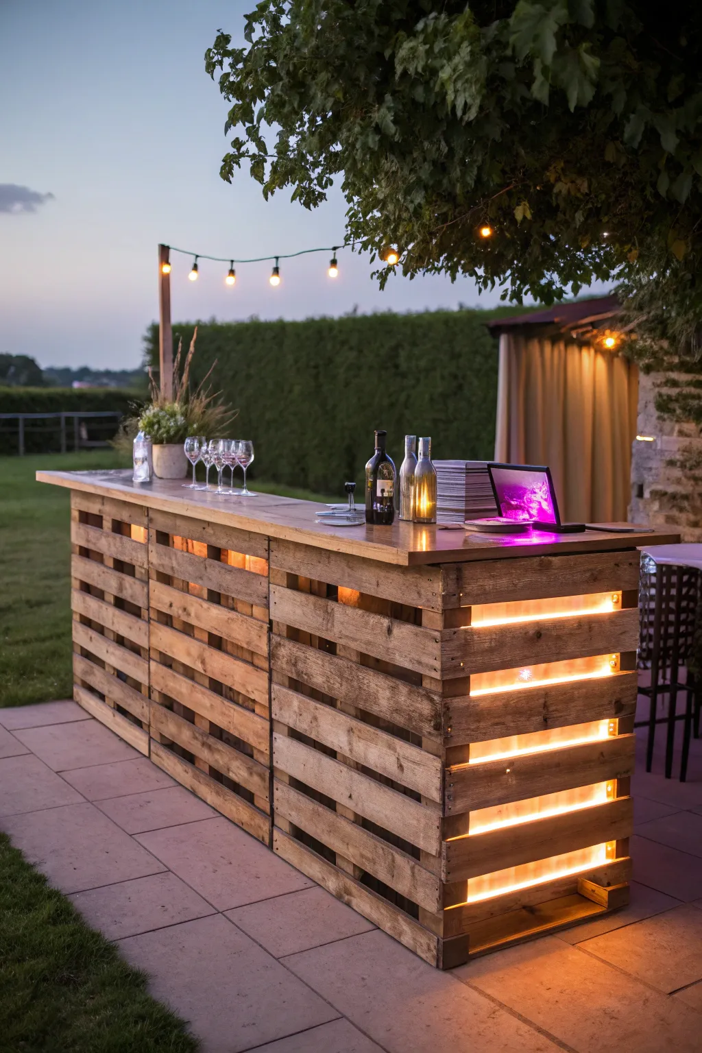 Elevate your outdoor space with a pallet bar that shines after dark.