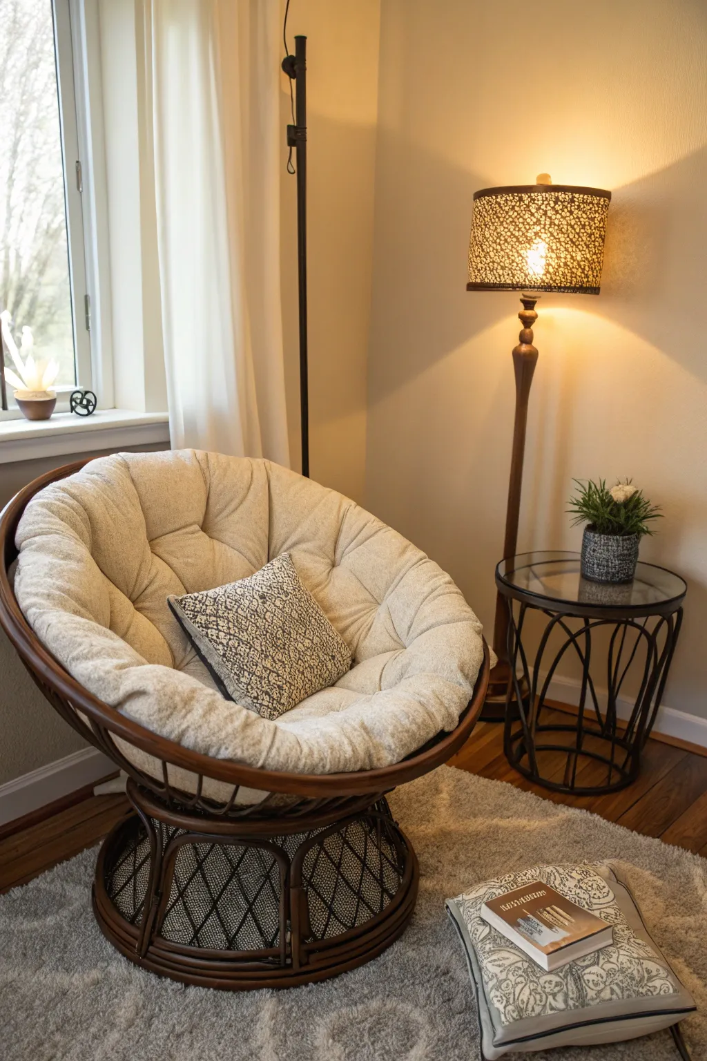 A relaxing corner with a papasan chair, perfect for unwinding.