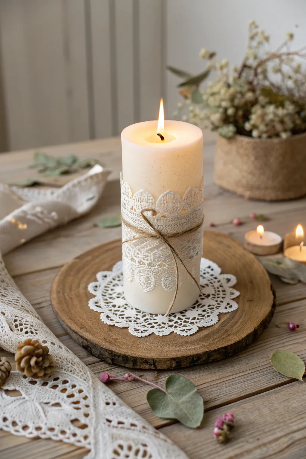 Add a touch of romance with doily-decorated candles – perfect for an elegant dinner setting.