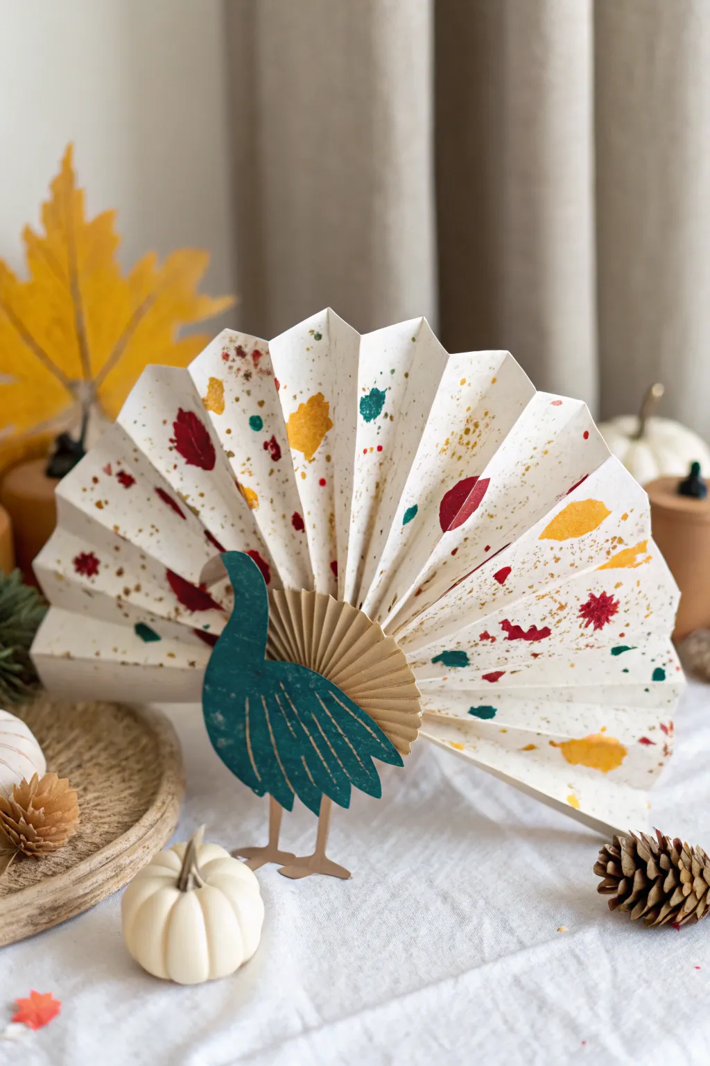 Unleash your creativity with a paint-splattered turkey decoration that embodies minimalist charm and bohemian flair.