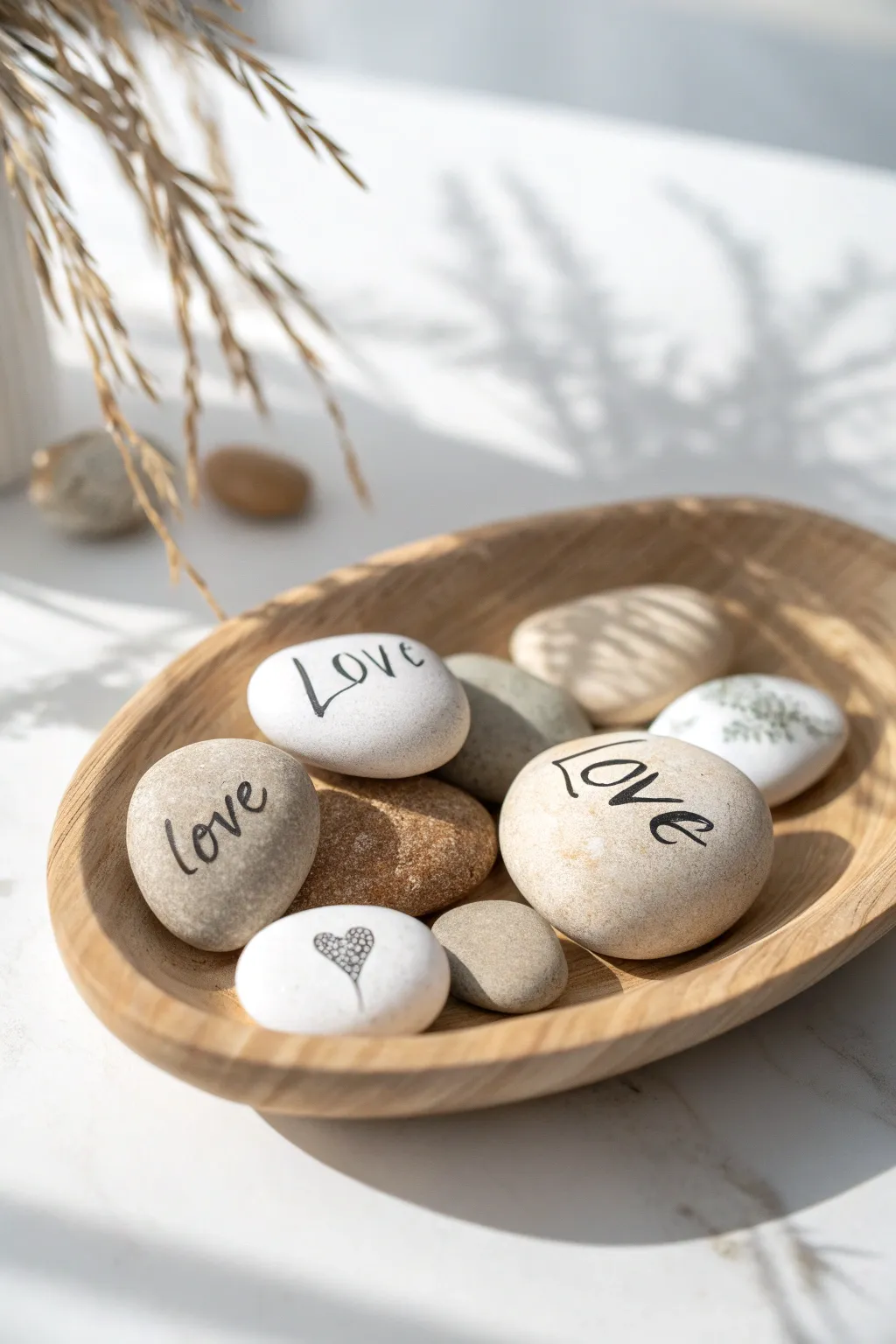 Craft a heartwarming display with love message stones—simple elegance for your home.