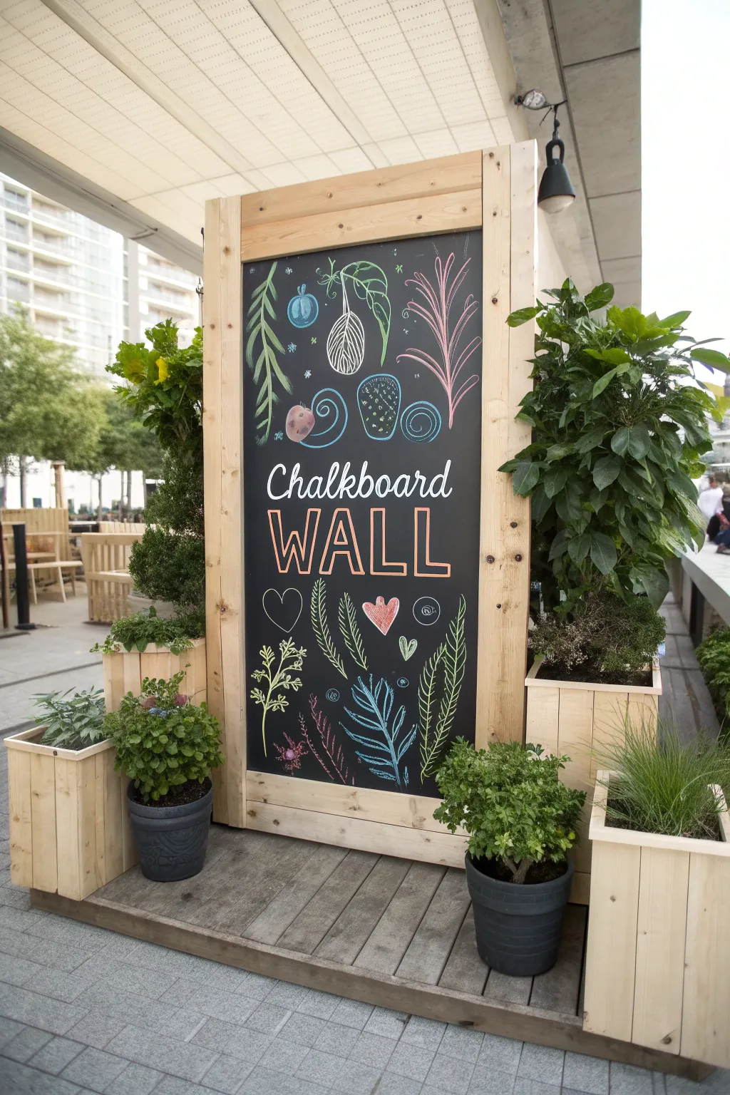 Express yourself with a chic chalkboard wall in your parklet—where minimalism meets vibrant creativity!