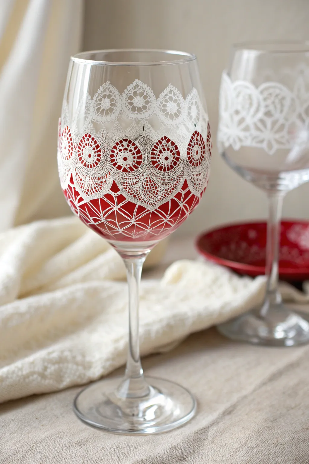 Sip in style: Elevate your wine experience with elegant lace-adorned glassware.