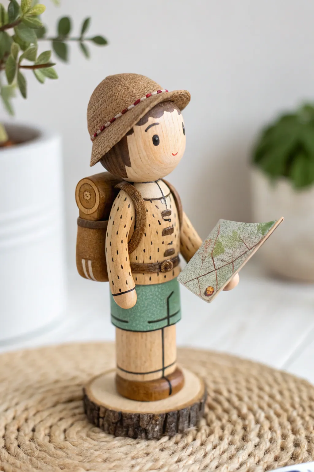 Embark on a journey with this charming peg doll explorer, where simplicity meets adventure.