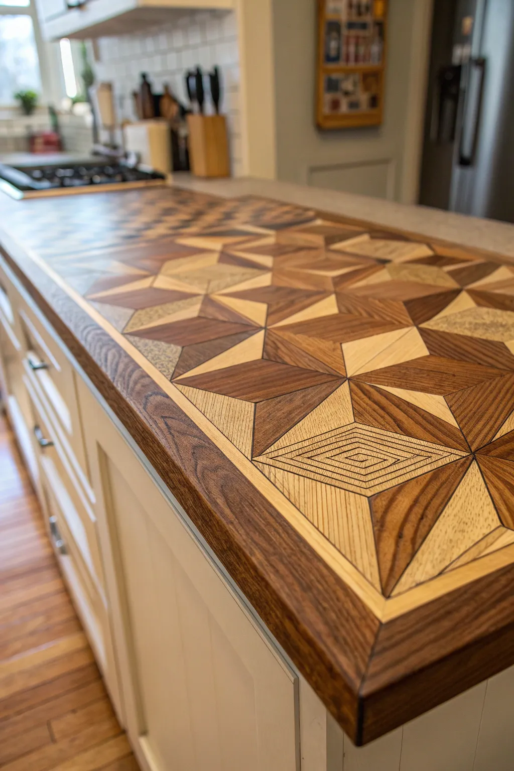 Transform your kitchen with bold geometric inlays on a plywood countertop—where craftsmanship meets striking design.