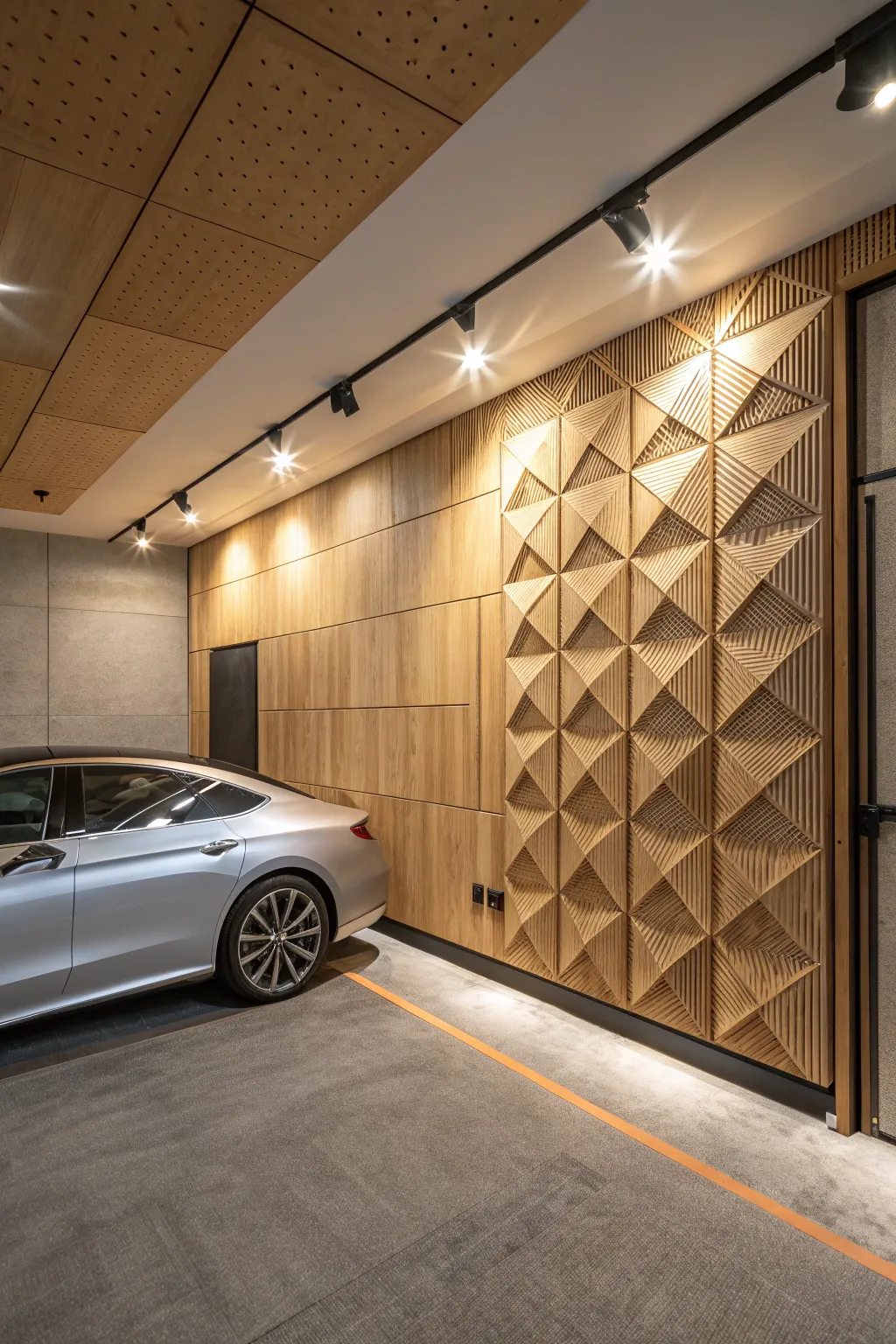 Elevate your garage with plywood walls and acoustic panels for an audio-friendly, stylish retreat.