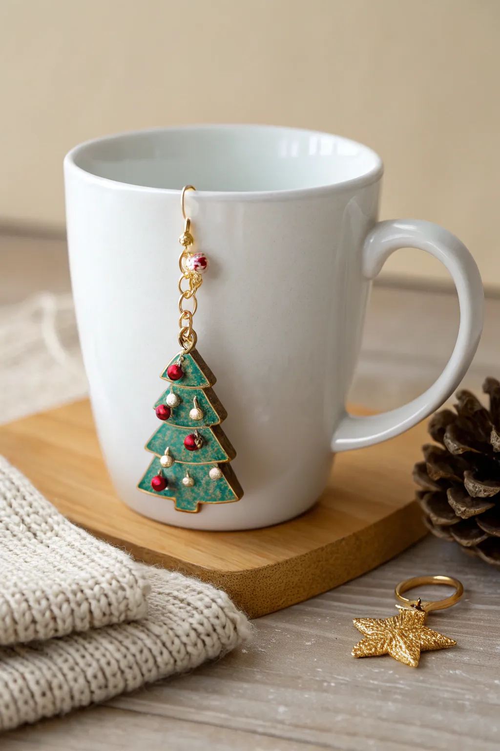 Add a touch of festive magic to your holiday mornings with this charming polymer clay Christmas tree mug accessory.
