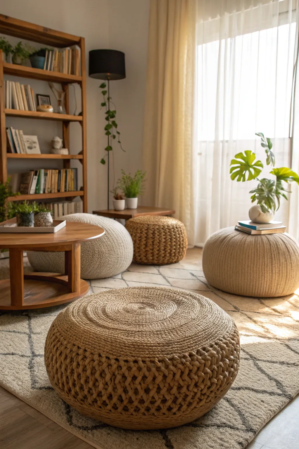 Eco-friendly poofs add a sustainable touch to this stylish room.