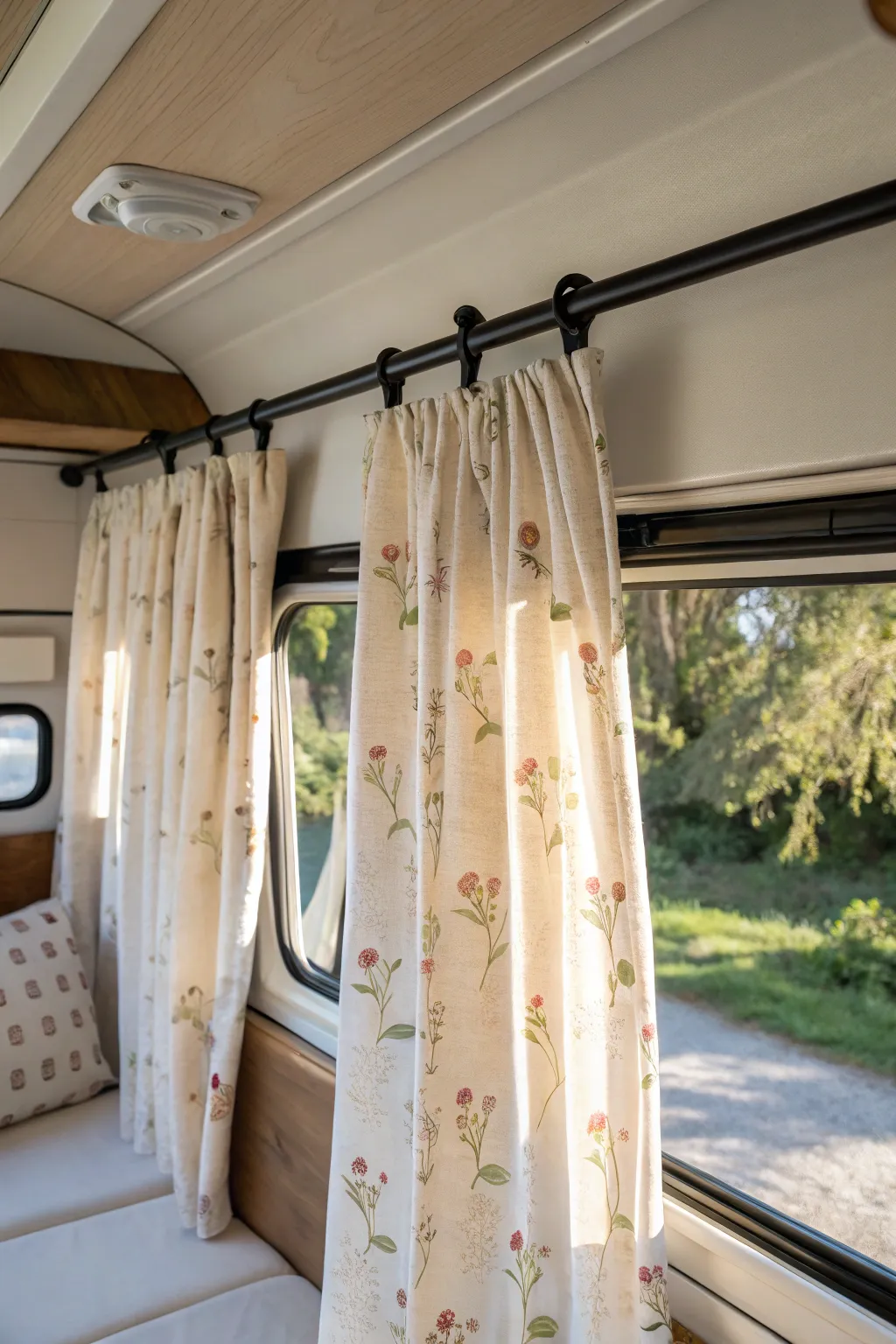 Transform your camper seamlessly with tension rods for a chic and effortless curtain solution. 🌿✨