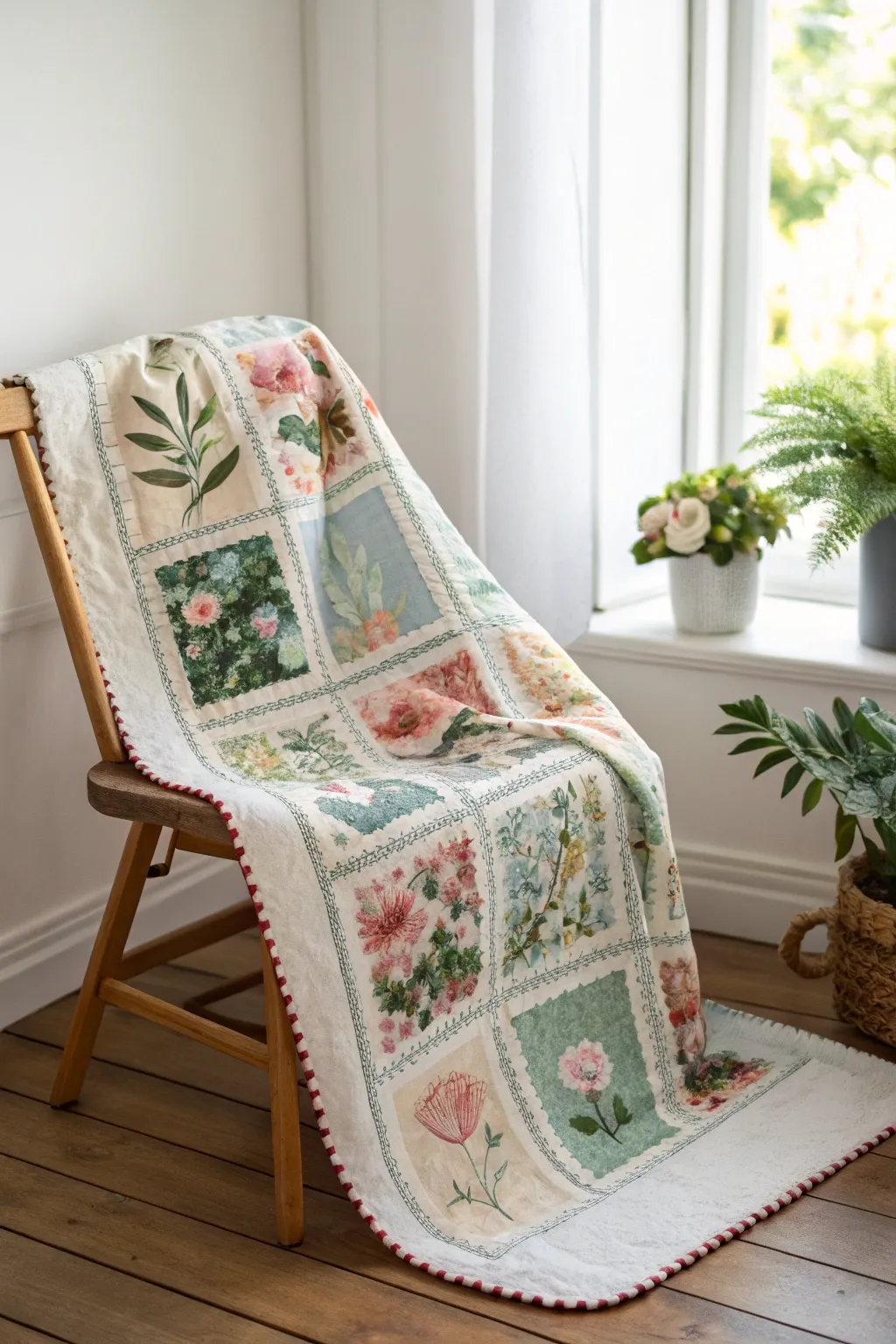 Bring the essence of a blooming garden into your home with this stunning floral quilt design.