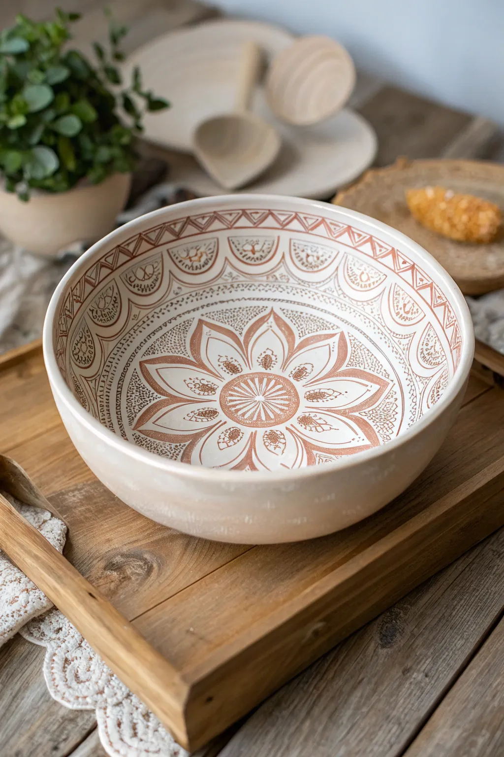 Embrace tranquility with this mandala-adorned pottery bowl, perfect for your mindful moments.