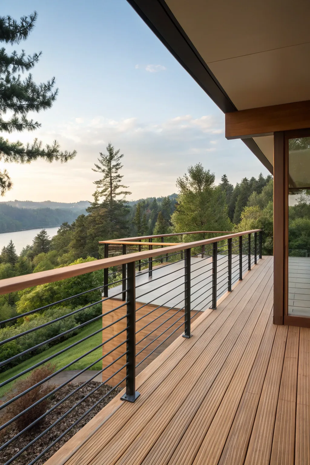 Elevate your outdoor space with a floating railing design that blends style and function.