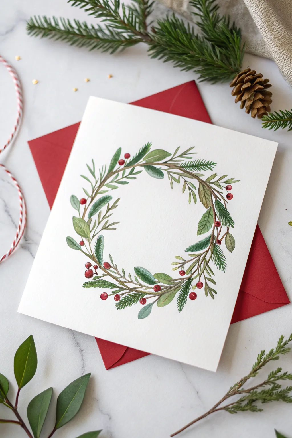 Embrace the beauty of nature this holiday season with a handcrafted wreath card that speaks to simplicity and elegance.