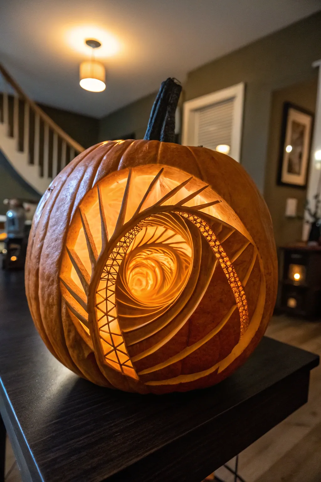 Step into the world of optical illusions with this masterfully carved pumpkin. A true centerpiece for your Halloween festivities!