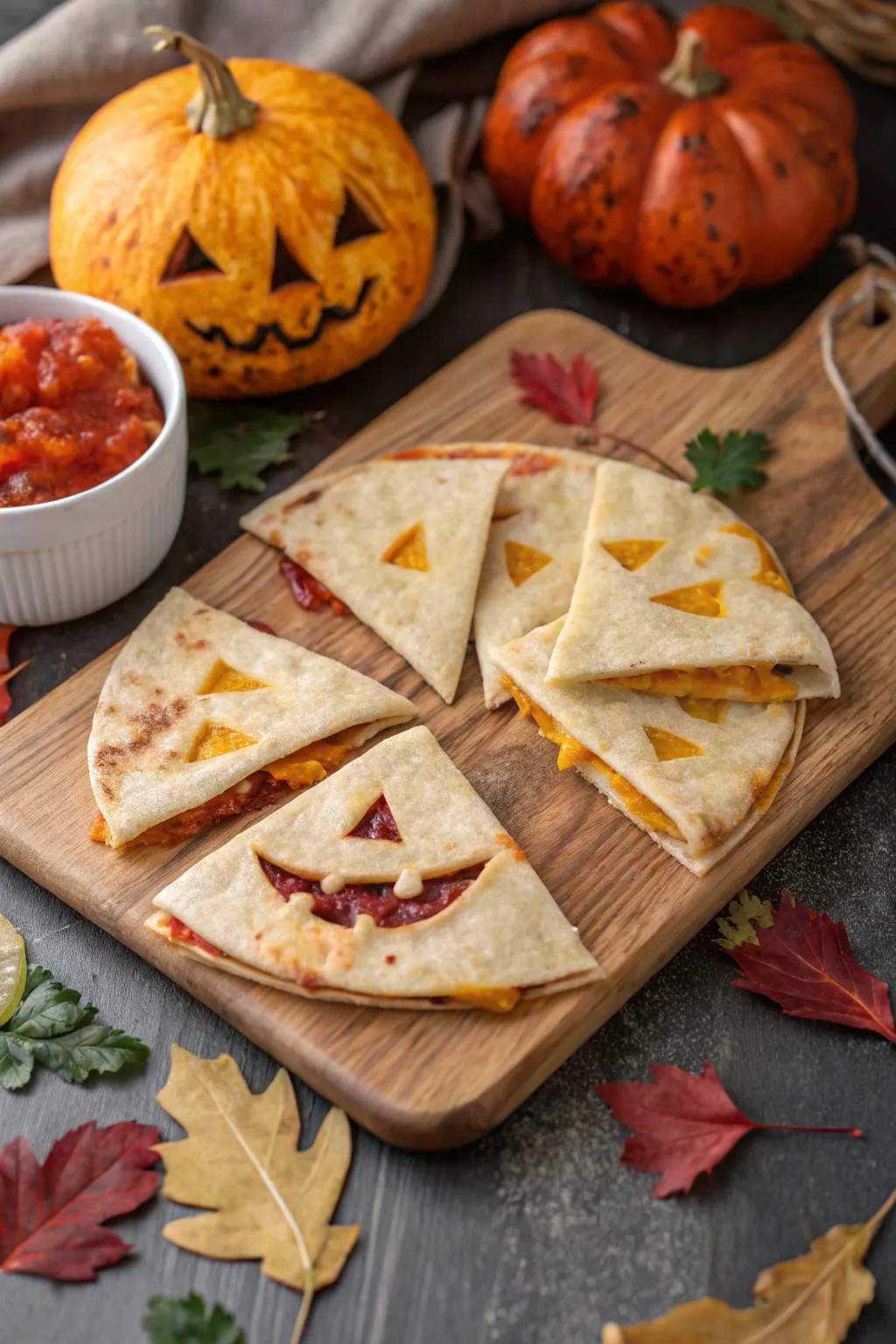 Savory jack-o'-lantern quesadillas that are a festive treat.