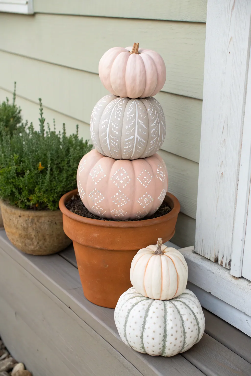 Elevate your autumn decor with a chic and minimalist pumpkin topiary, perfect for adding a touch of Scandinavian elegance to your porch.