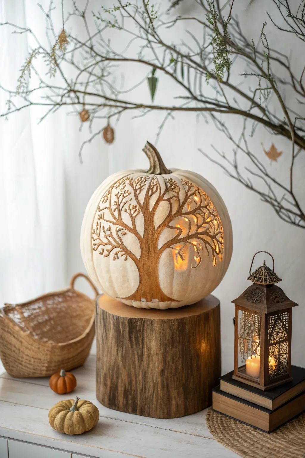 Embrace the mystery with this intricately carved pumpkin tree, casting enchanting shadows for a touch of autumn drama.