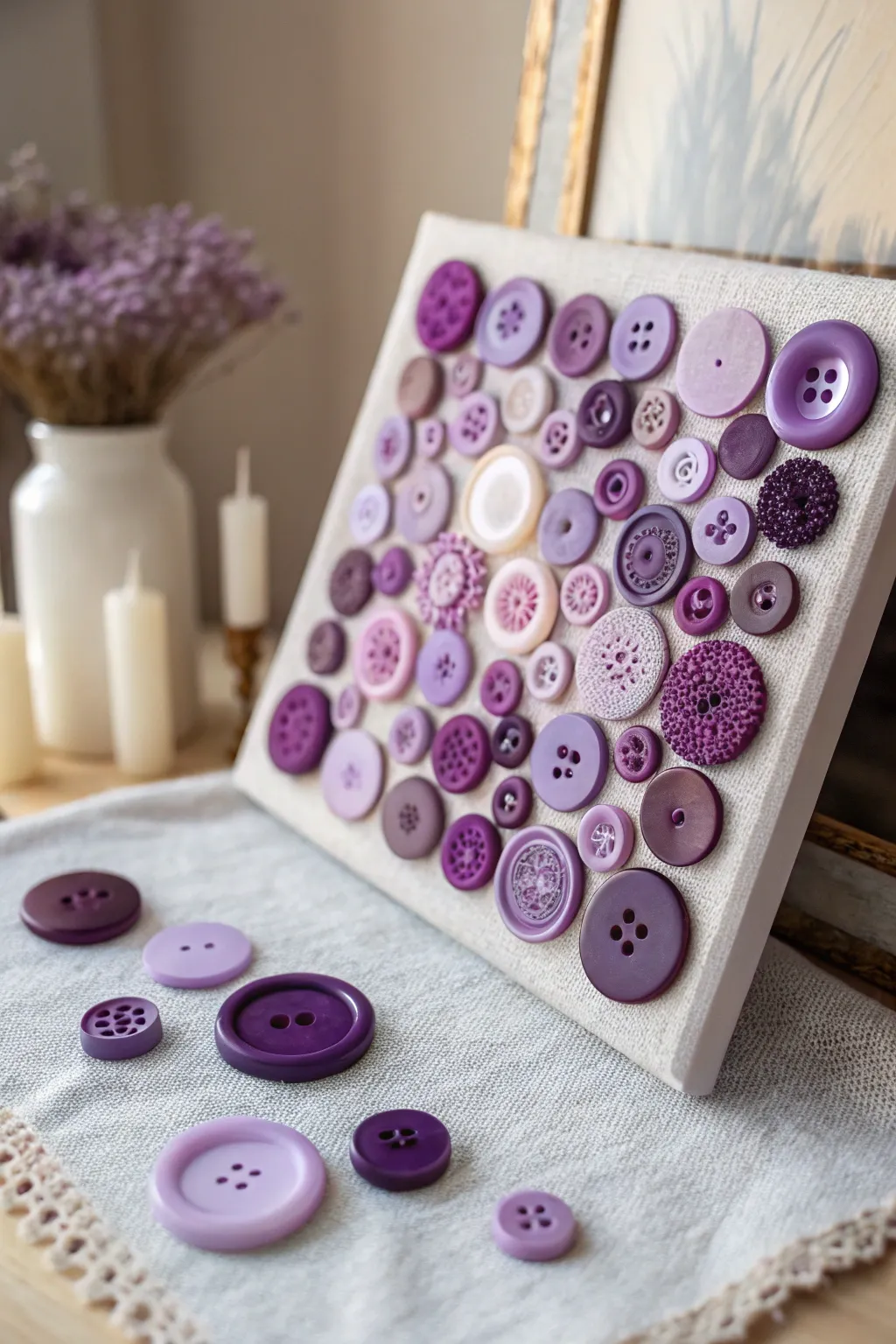 Transform spare buttons into a captivating piece of art—where purple takes center stage in minimalist elegance.