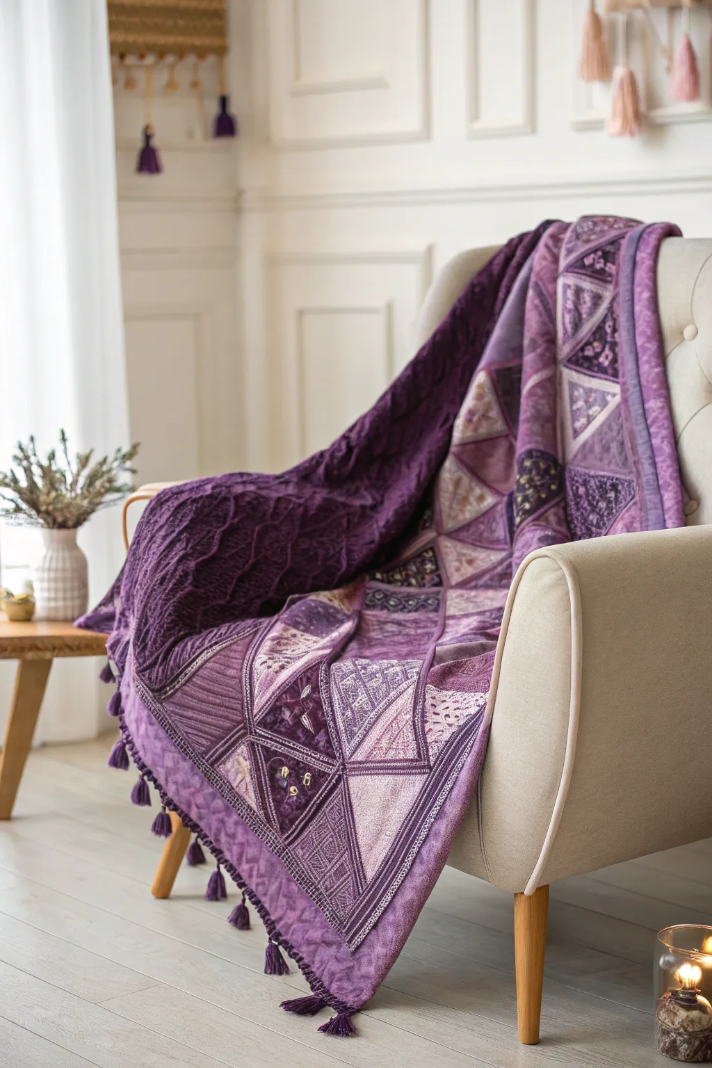 Embrace Boho Bliss with a stunning purple quilt that brings artistry and relaxation to your space.
