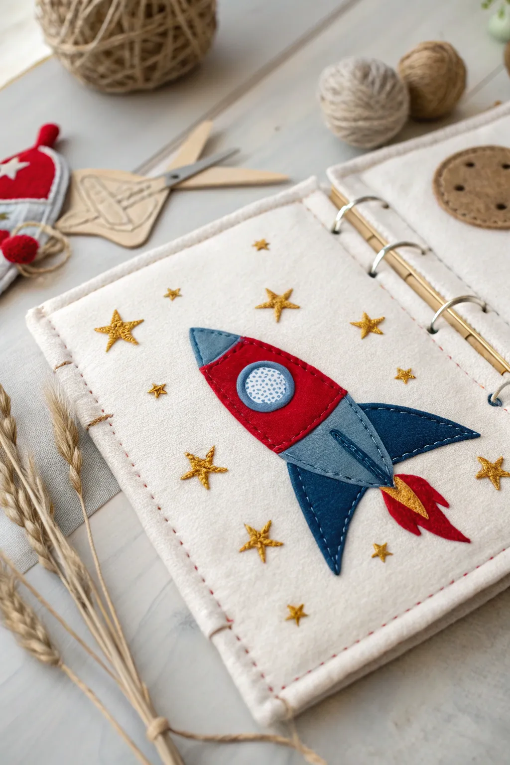 Launch into creativity with this charming space-themed quiet book page, where bold colors meet minimalist design.