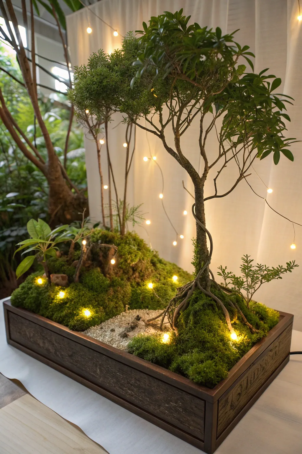 Illuminate your rainforest diorama with enchanting LED lights for a magical touch of nature's beauty.
