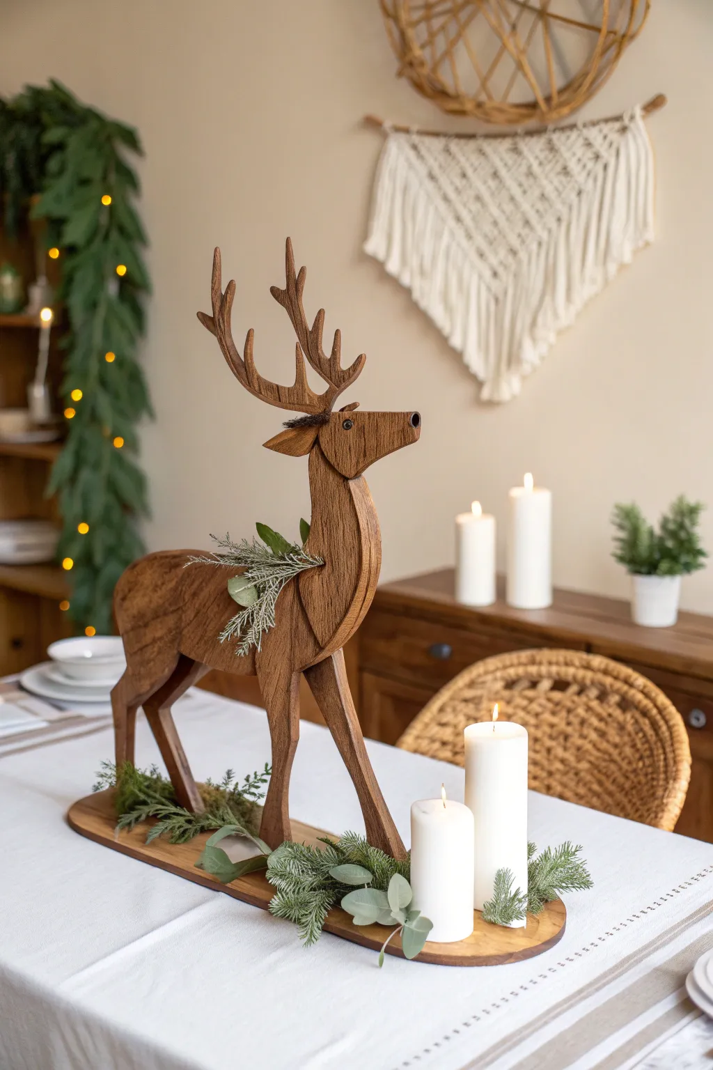 Elevate your holiday table with this exquisite reindeer centerpiece, where Scandinavian simplicity meets Boho elegance.