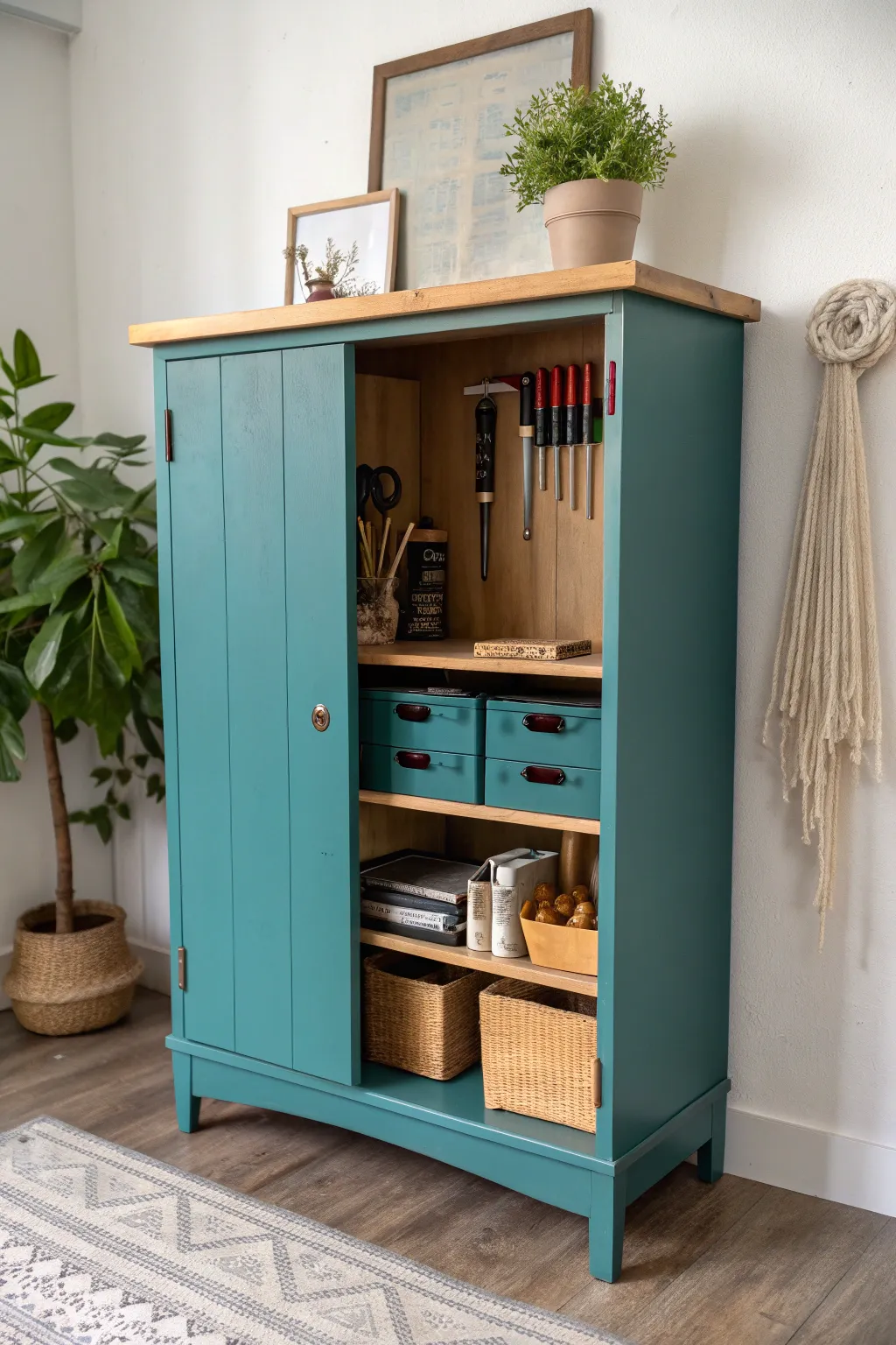 Transform your space with a touch of creativity: Repurposed kitchen cabinet becomes the perfect workshop organizer!