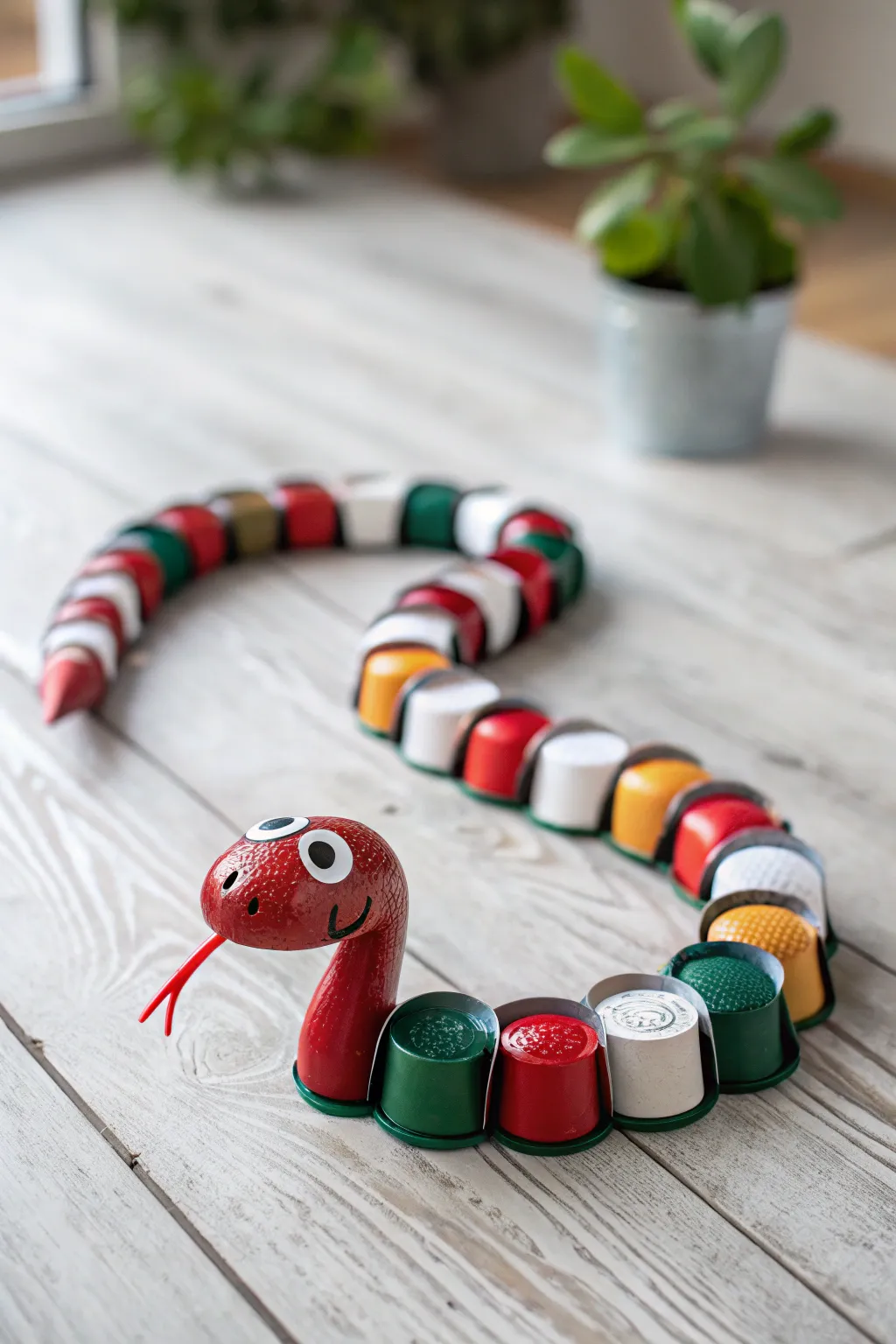 Transform your coffee pods into a charming toy snake, blending bold colors with minimalist beauty.