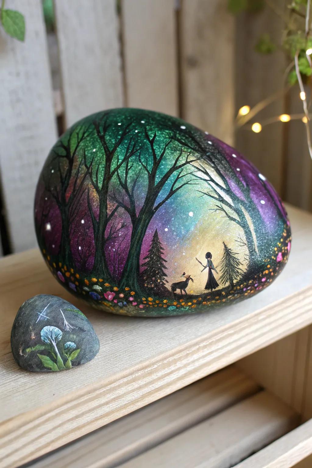 Dive into a world of wonder with this enchanting fantasy landscape rock painting. Perfect for sparking the imagination and adding a touch of magic to your space.