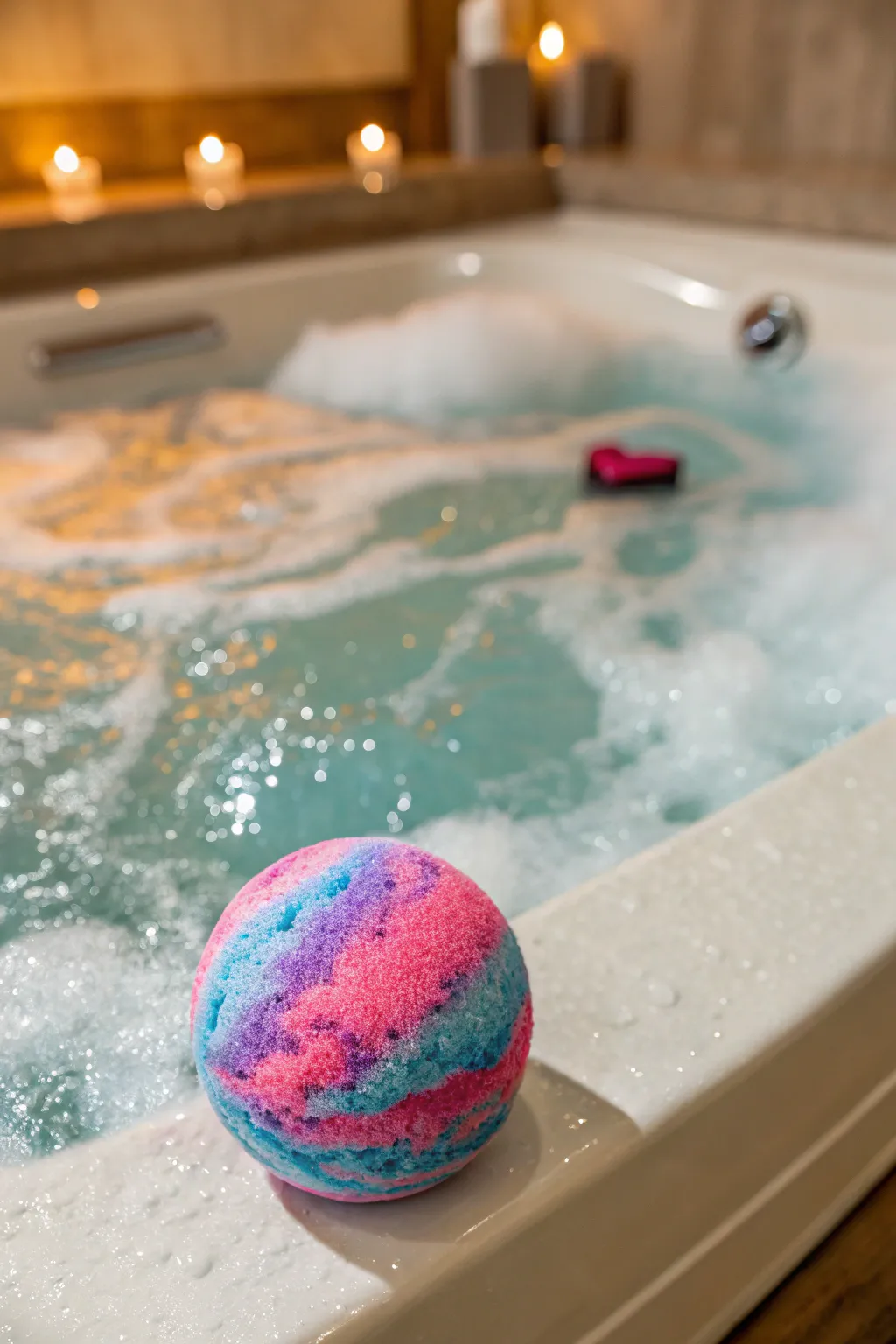 A bath bomb adds color and fragrance to the jacuzzi experience.