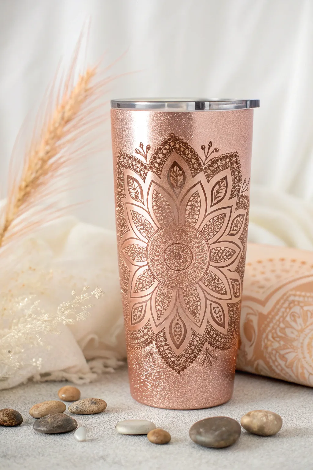 Embrace tranquility with a touch of sparkle: Rose gold mandala tumbler magic.