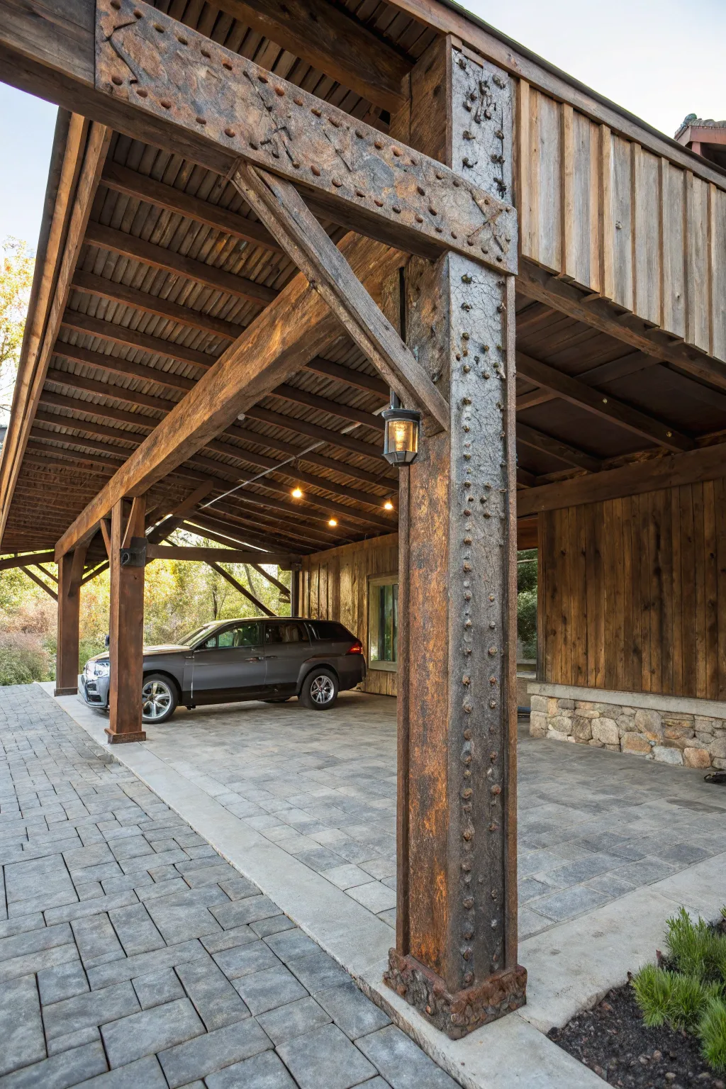 Industrial elegance meets rustic warmth: Transform your carport with weathered metal accents.