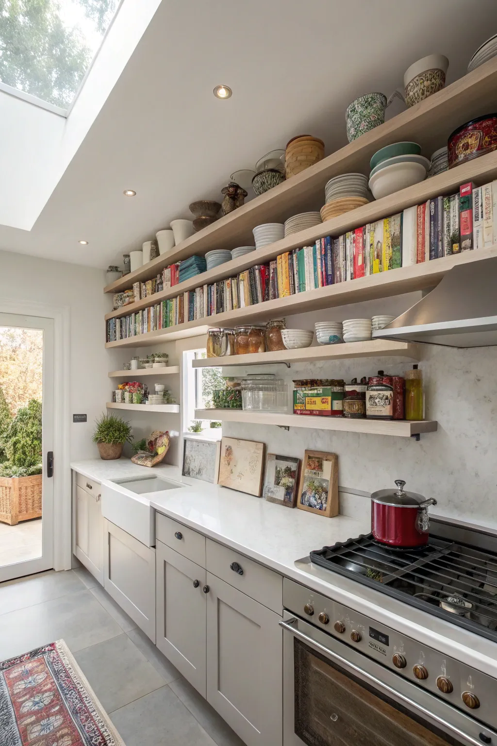 Ceiling-integrated shelves add storage and style.
