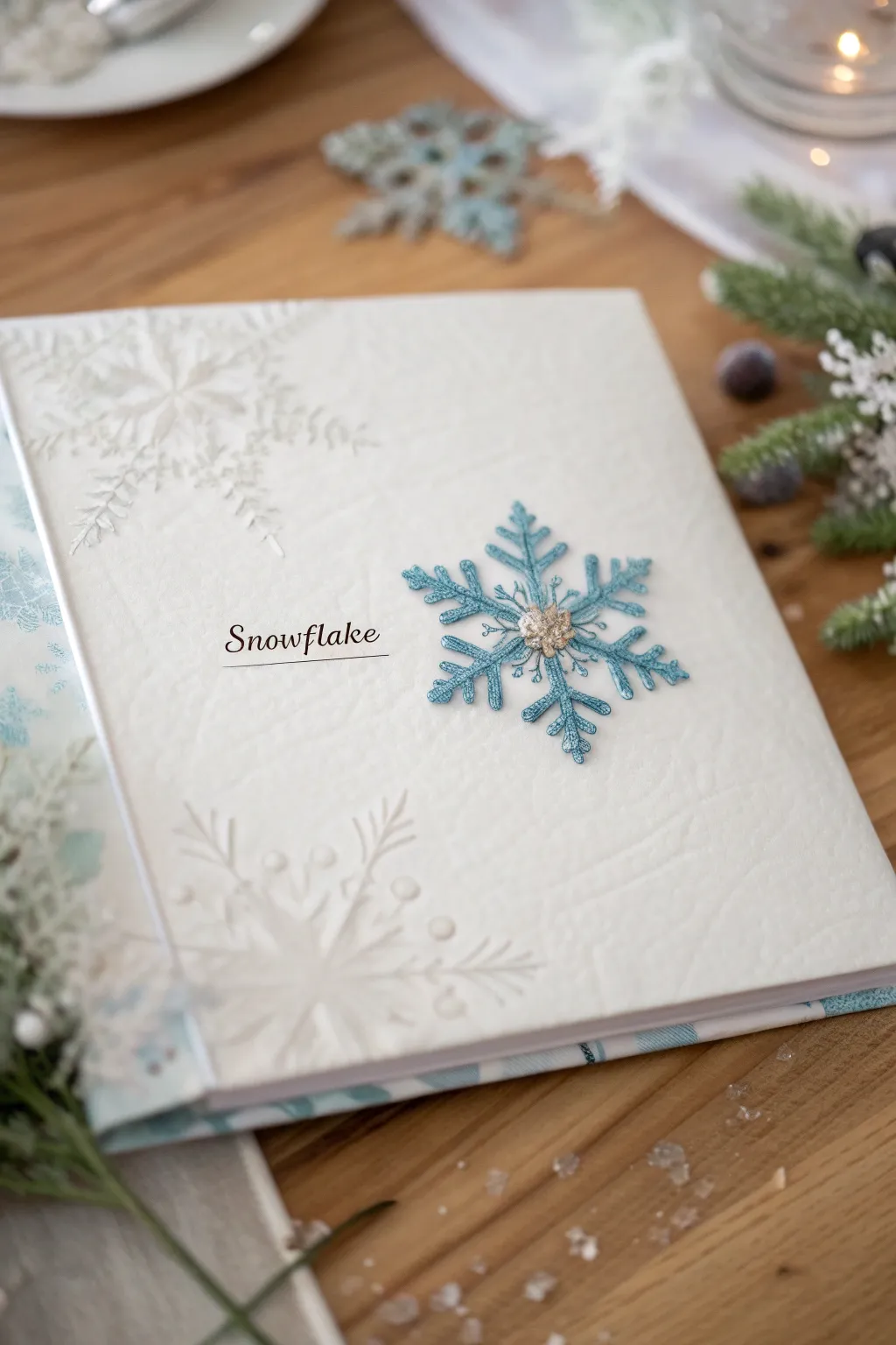 Capture the magic of a winter wedding with elegant snowflake motifs and cool hues, perfect for a minimalist scrapbook.